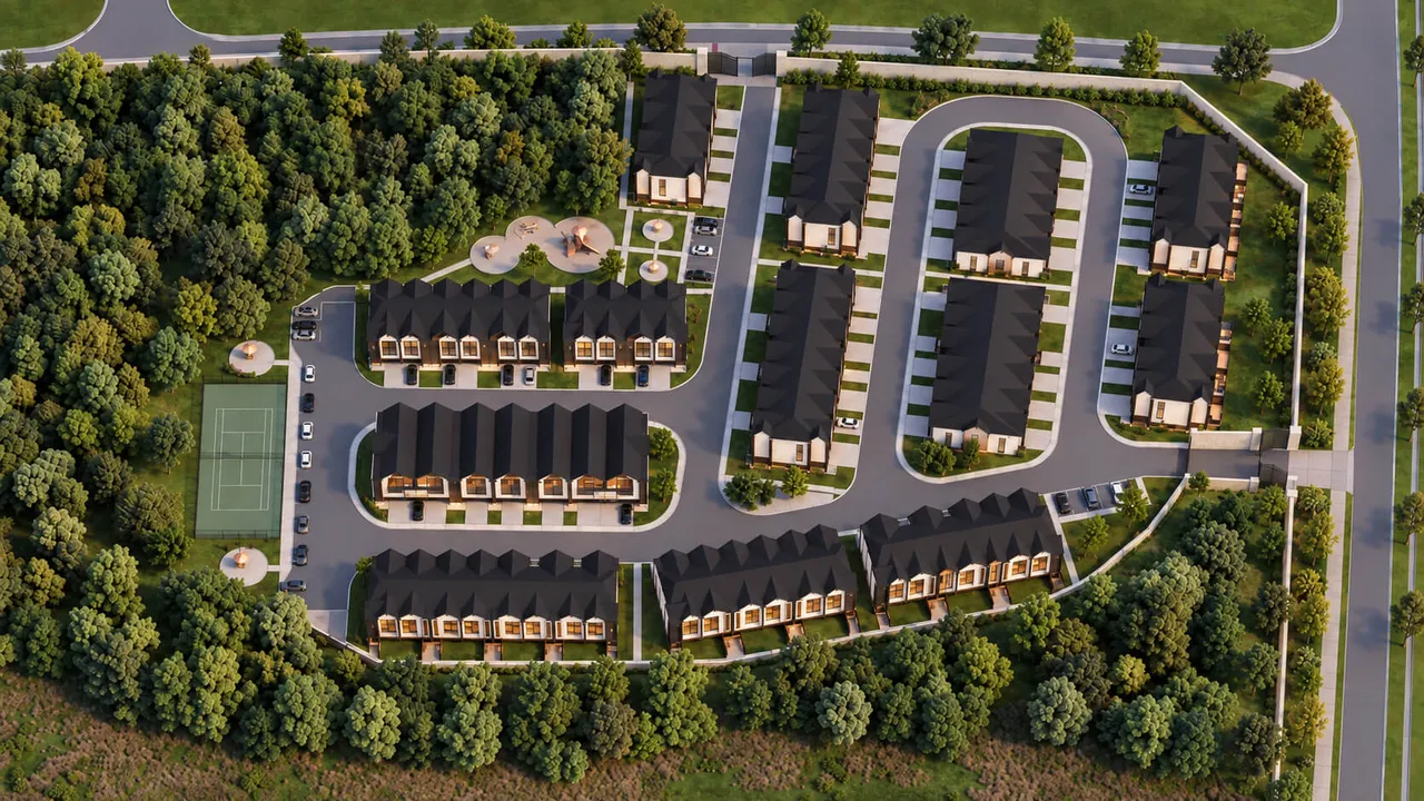 Illustrative aerial concept showing the north Elderberry Trail gate, east Yonge Street gate, tennis court beside the woodland, and children’s play area.