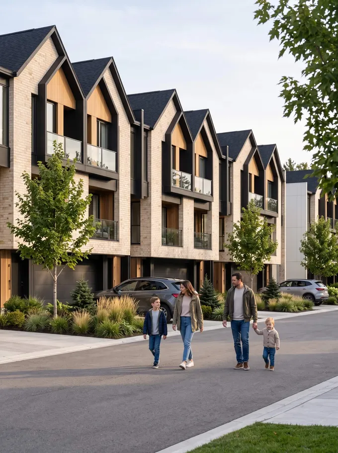 Illustrative scene of a family walking outside a landscaped row of townhomes.