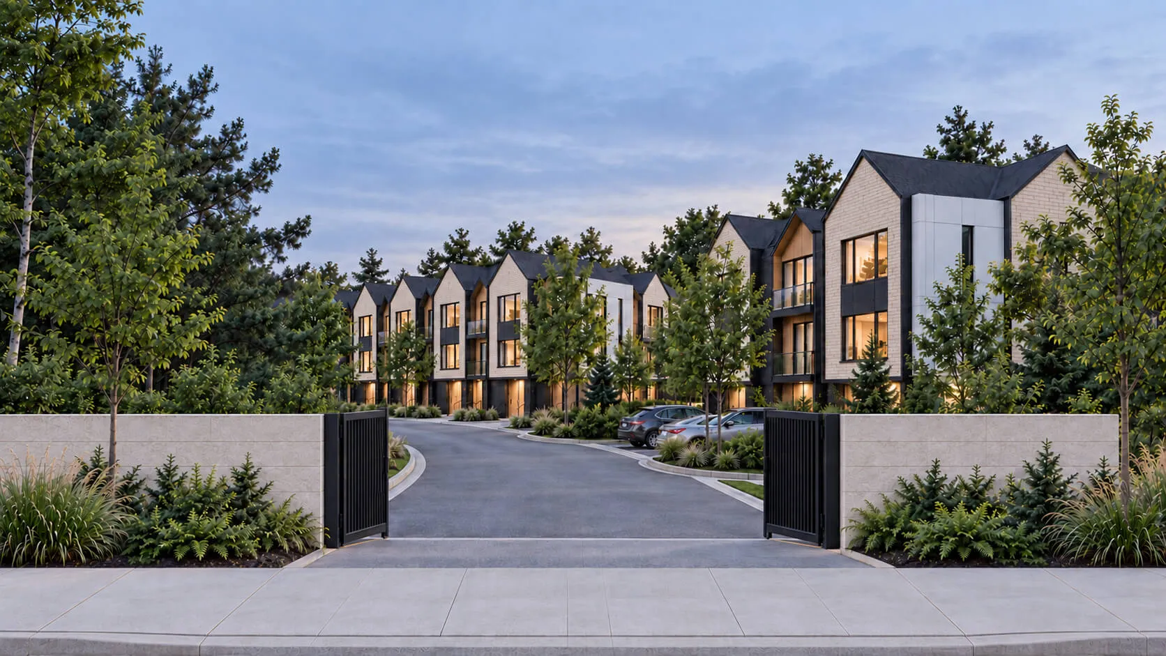 Artist’s concept of Paradise Garden townhomes at dusk, with landscaped entrances and warm interior lighting.