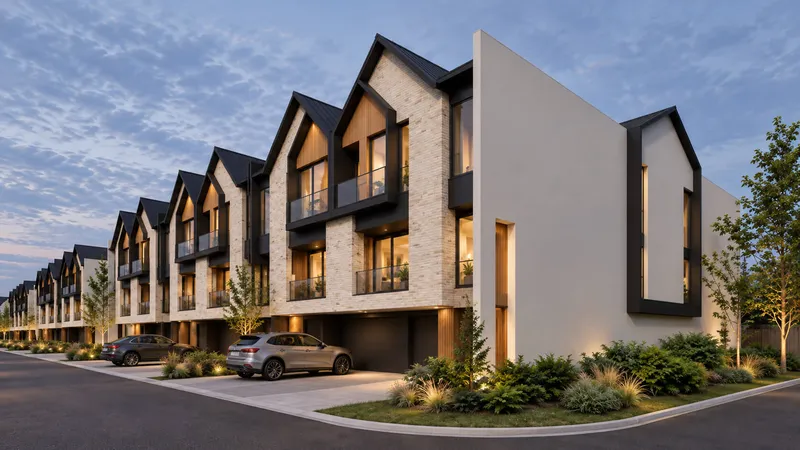 Illustrative townhome architecture with balconies, light masonry and landscaped entrances.